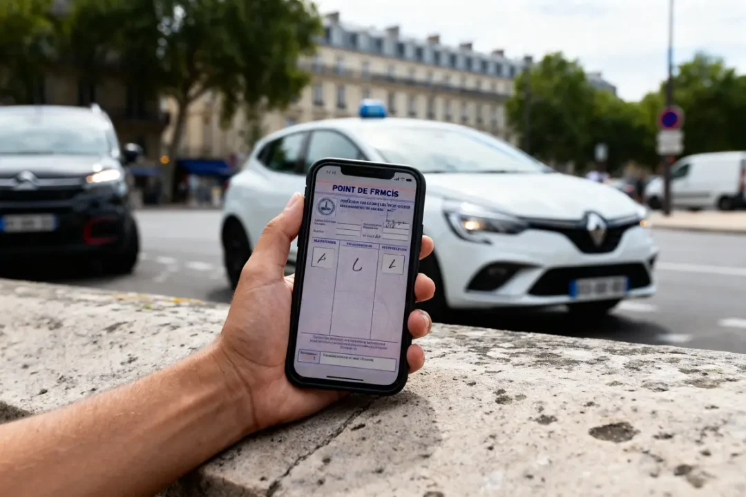 Téléphone affichant mes points de permis devant une rue animée par des voitures en mouvement