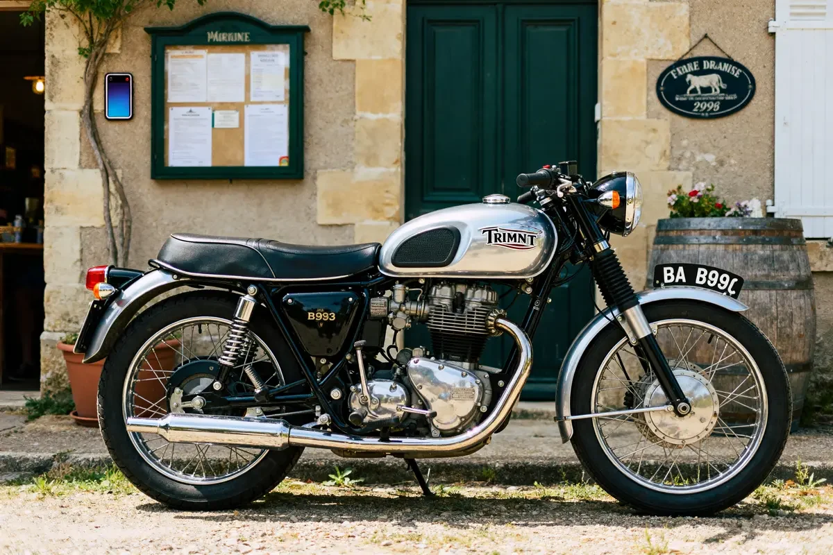 Moto anglaise classique stationnée devant un bâtiment en pierre de style traditionnel