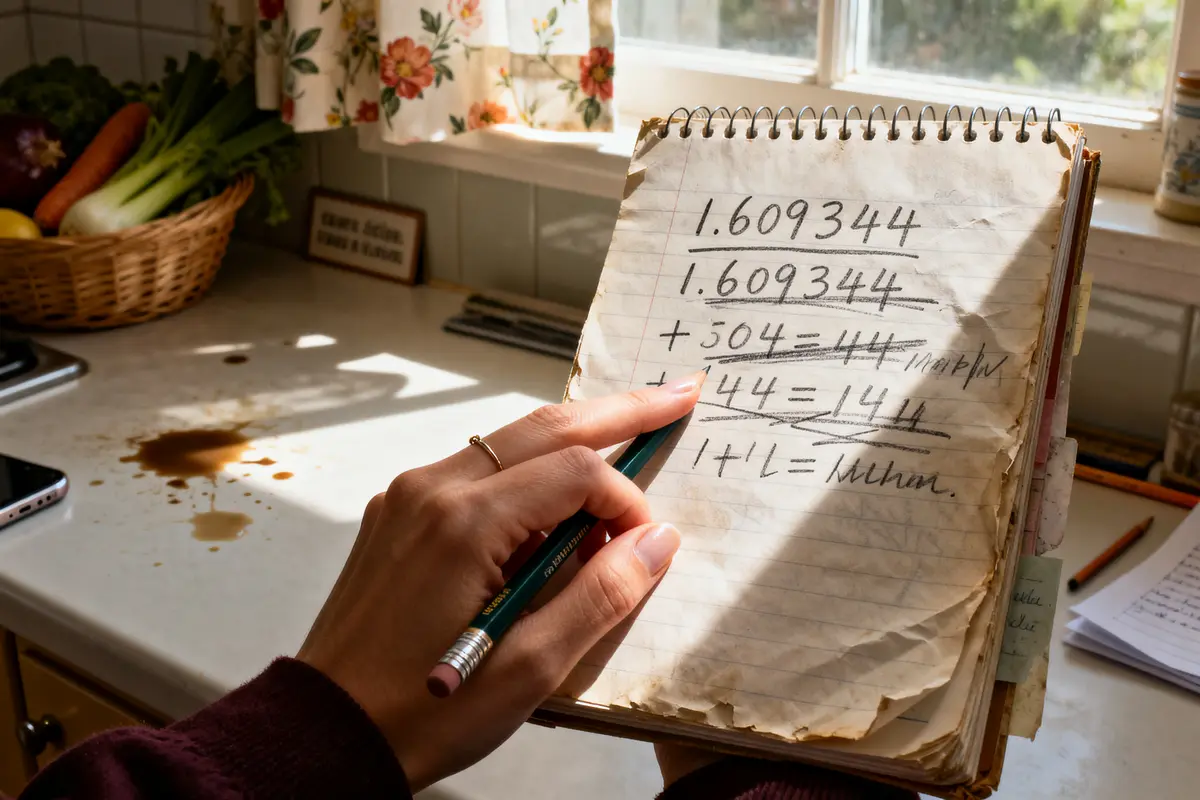 Calculs sur carnet pour convertir mph en kmh sur table de cuisine ensoleillée