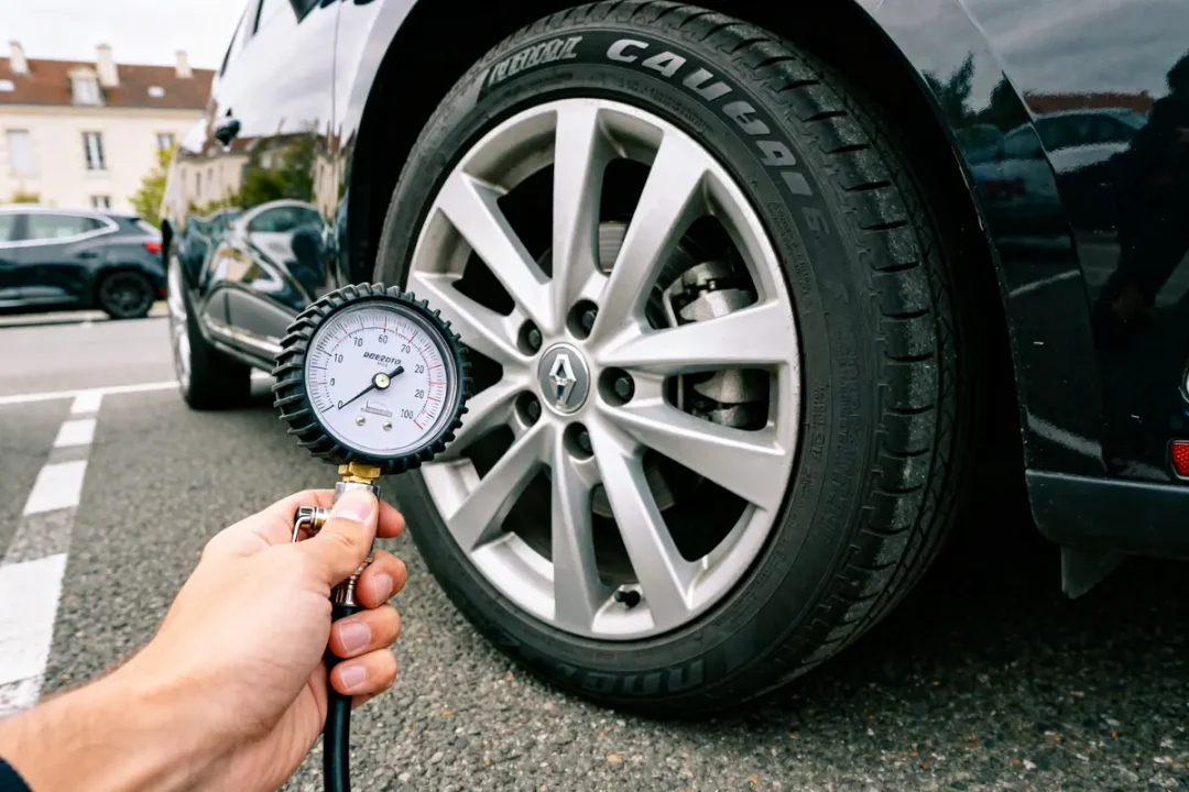 Main vérifiant pression de pneu pour Clio 4 avec manomètre sur parking.