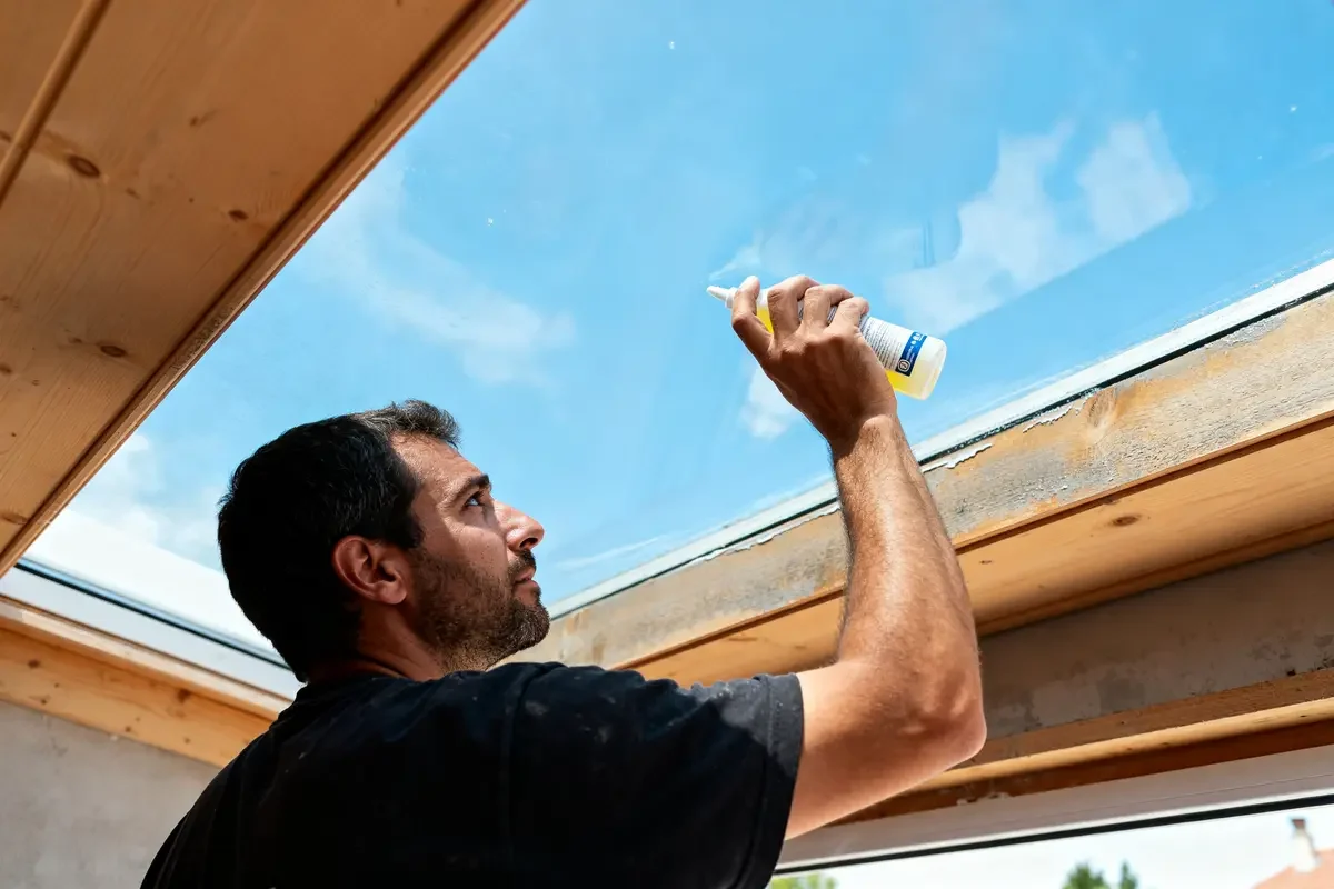 Homme appliquant de la colle pour recoller un ciel de toit en verre lumineux