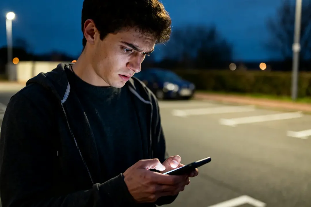 Un homme consulte son téléphone pour connaître le résultat du permis à 1h du matin