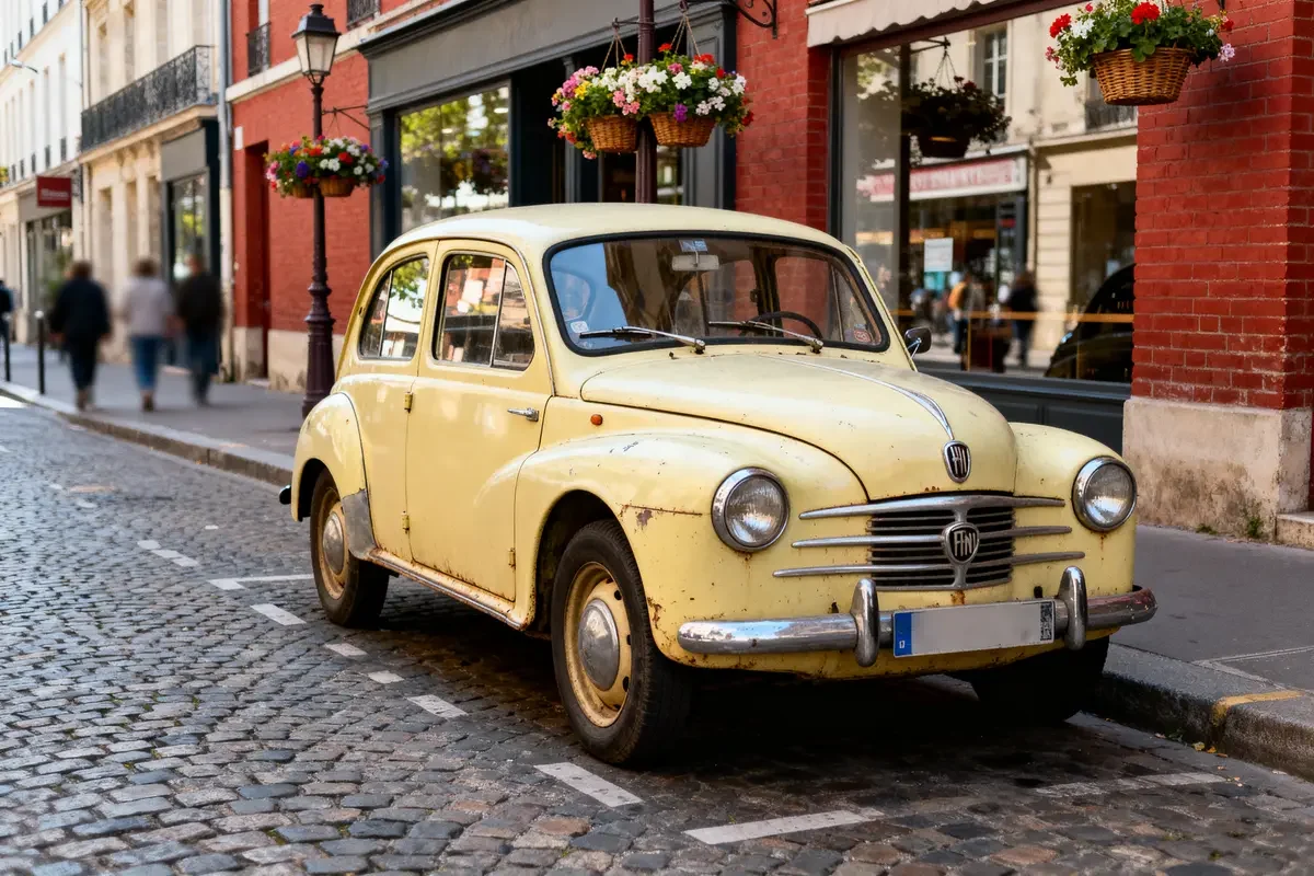 Voiture vintage jaune garée en ville, semblable aux modèles à 59 euros par mois.