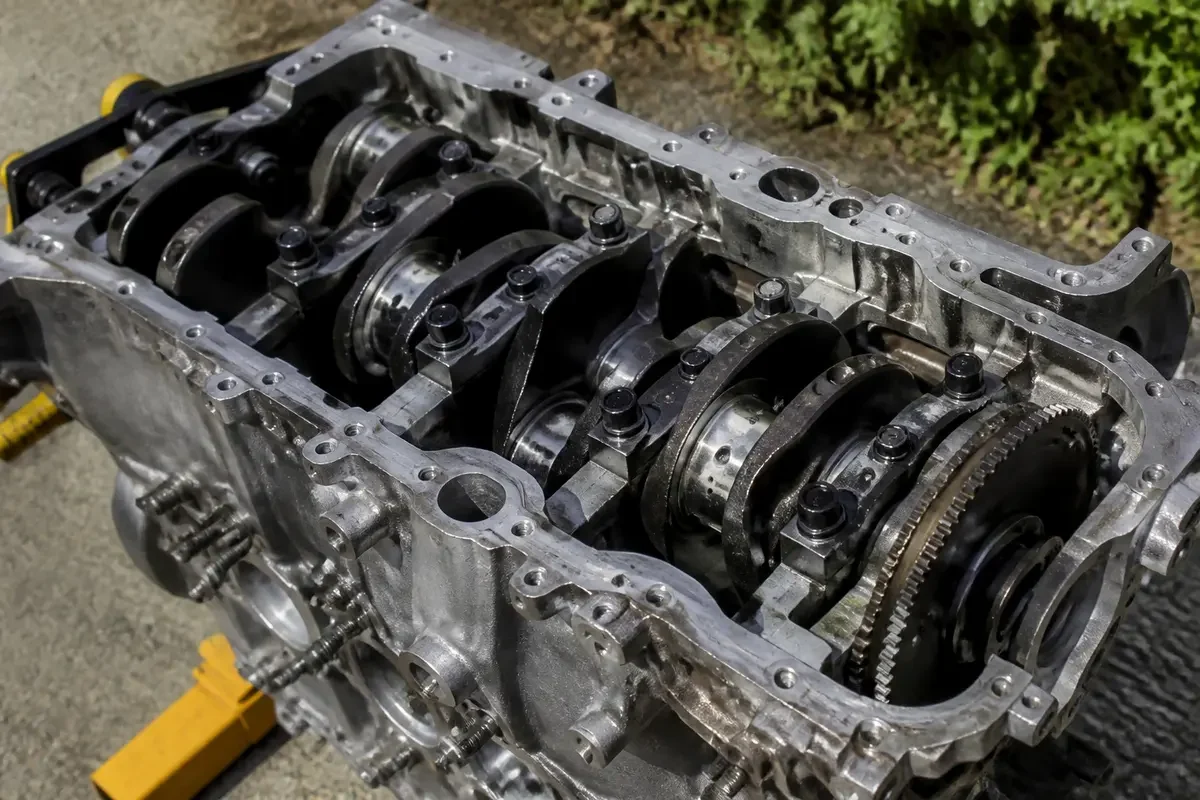 Vue en gros plan du vilebrequin du moteur 2JZ démonté.