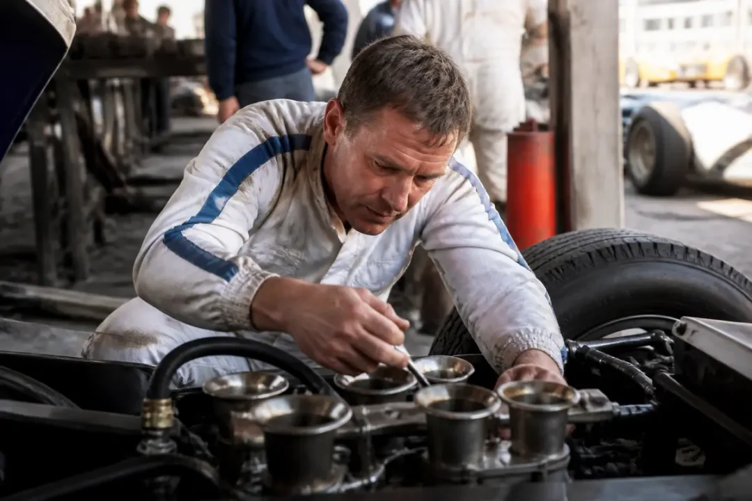Ken Miles effectuant des réglages mécaniques sur une voiture de course en atelier