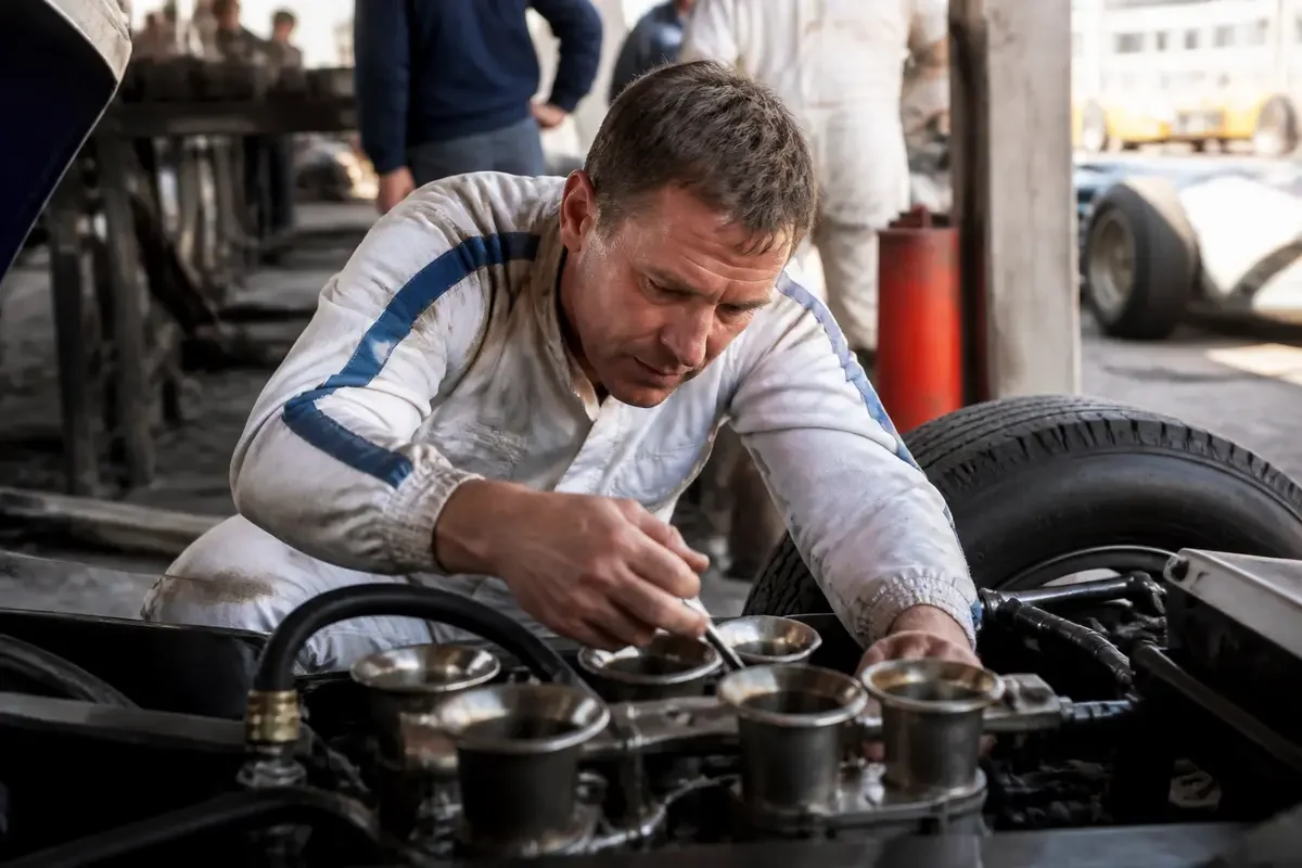 Ken Miles effectuant des réglages mécaniques sur une voiture de course en atelier
