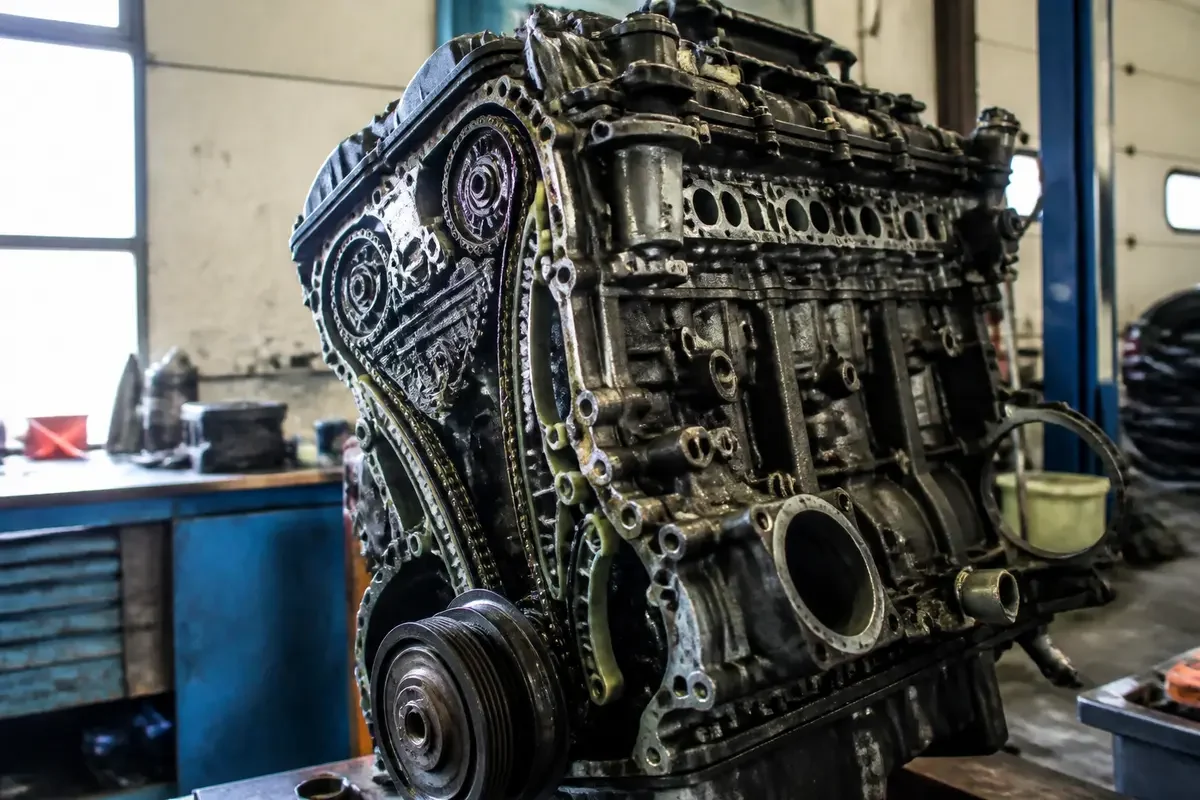Bloc moteur dévoilant le mécanisme interne complexe de l'unité de M47 en atelier mécanique