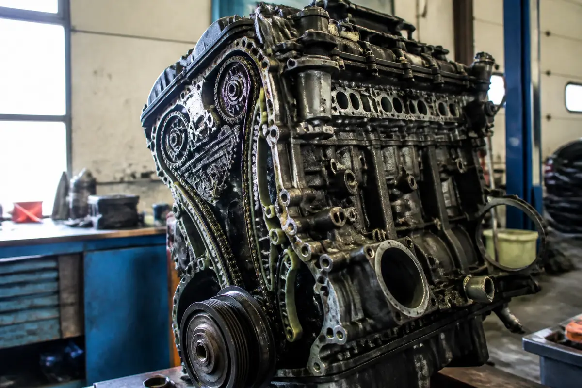 Bloc moteur dévoilant le mécanisme interne complexe de l'unité de M47 en atelier mécanique