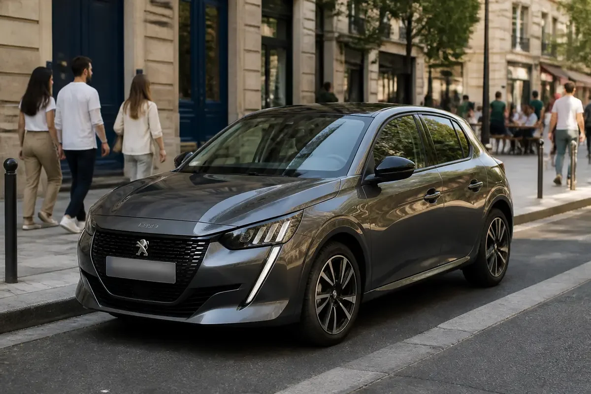 Voiture Peugeot 208 grise stationnée en rue avec passants en arrière-plan urbain.