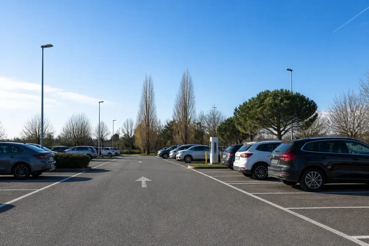 Parking en plein air avec voitures près de l'aire de covoiturage Ragon