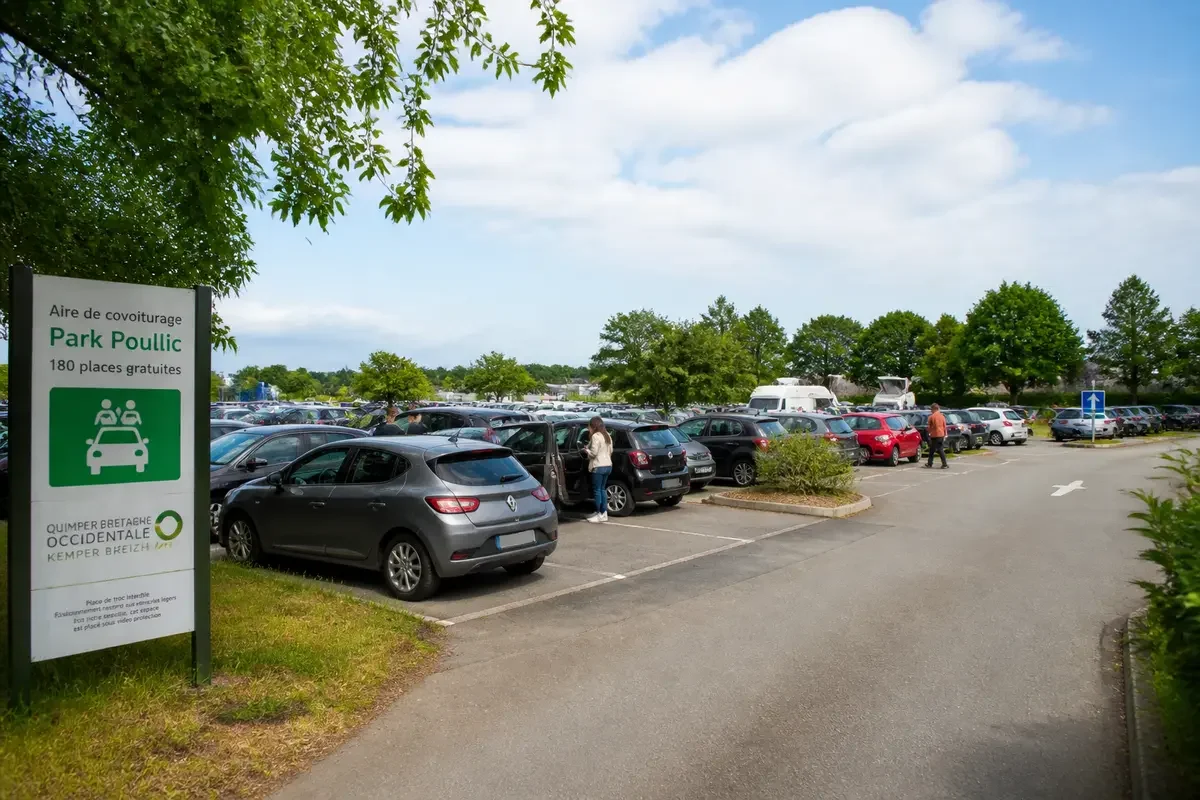Aire de covoiturage du Park Poullic avec voitures stationnées et panneau informatif.