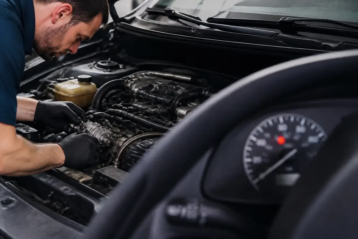 Mécanicien vérifiant le moteur d'une voiture pour la mise à jour antipollution à contrôler