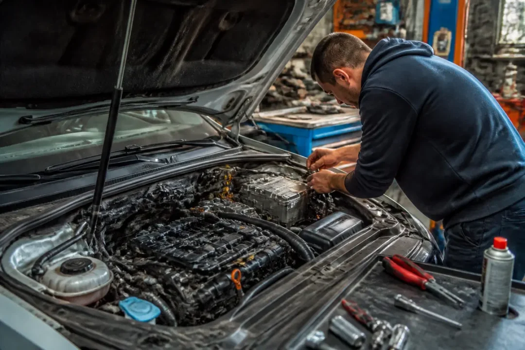 Mécanicien vérifiant la durée de vie d’un moteur 2.0 TDI 150 sous un capot ouvert