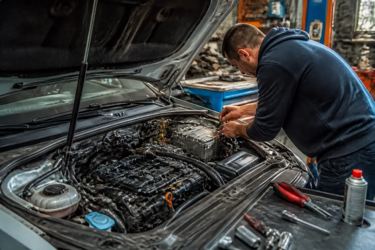 Mécanicien vérifiant la durée de vie d’un moteur 2.0 TDI 150 sous un capot ouvert
