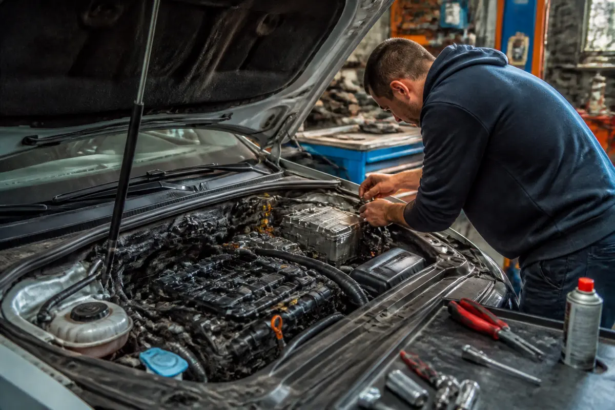 Mécanicien vérifiant la durée de vie d’un moteur 2.0 TDI 150 sous un capot ouvert