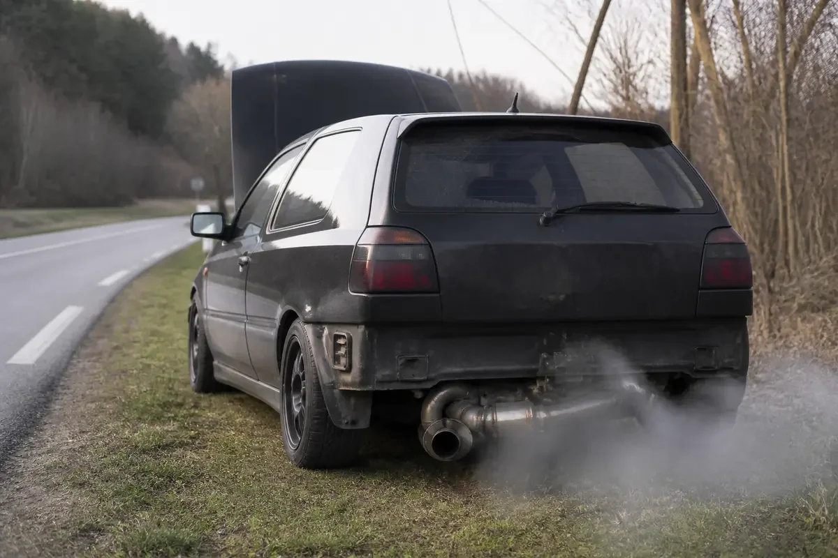 Voiture arrêtée avec capot ouvert, évacuant de la fumée, bruit d’avion en roulant