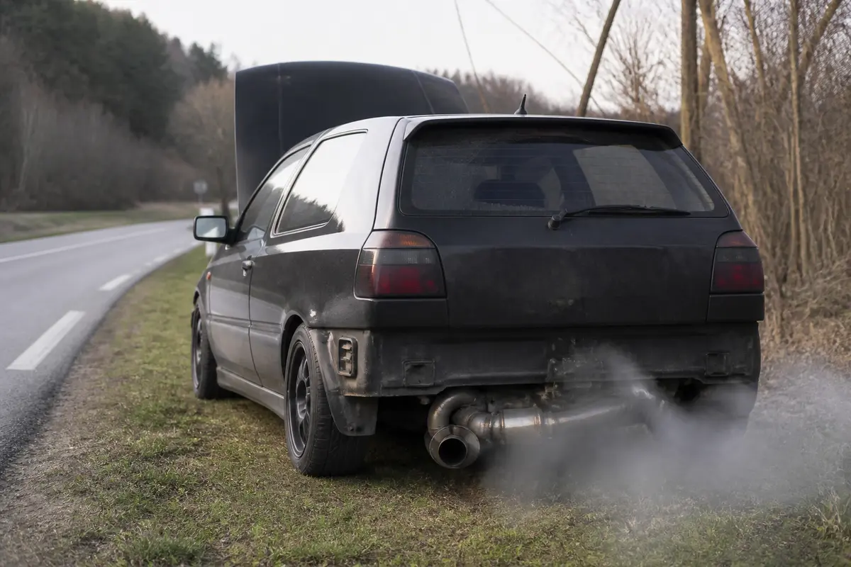 Voiture arrêtée avec capot ouvert, évacuant de la fumée, bruit d’avion en roulant