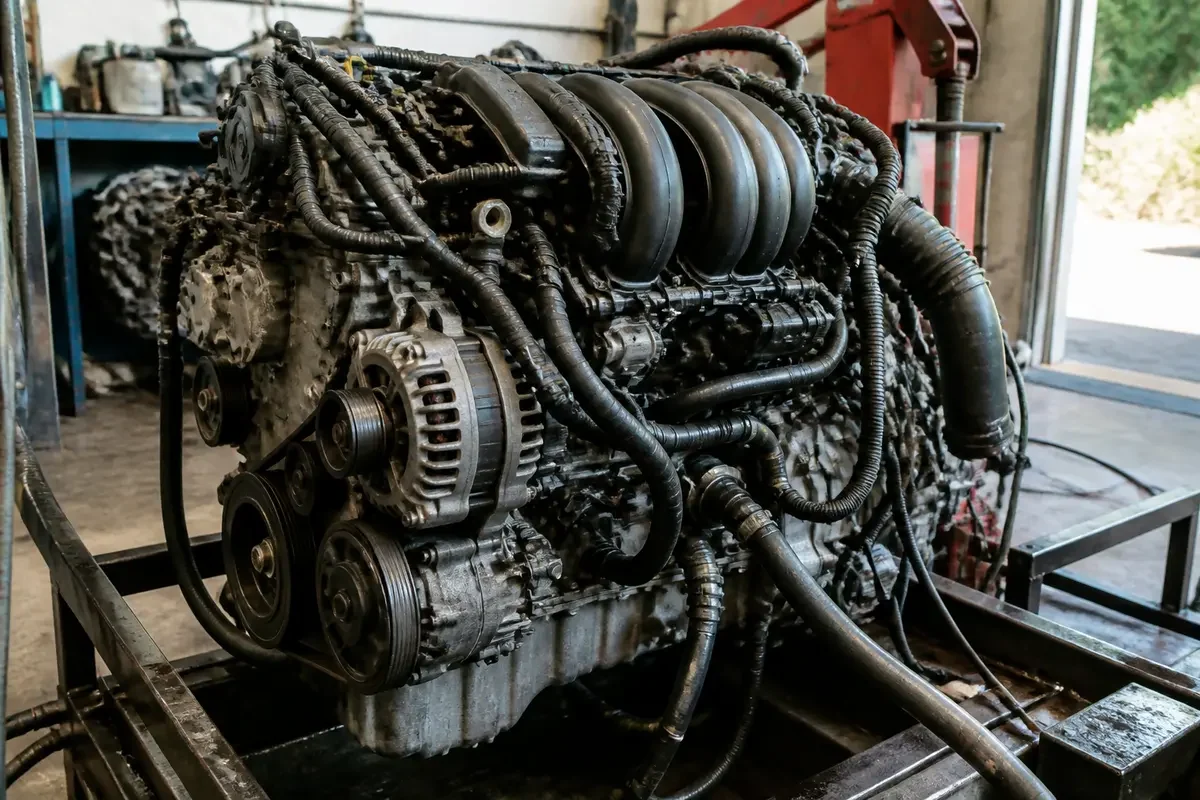 Moteur avec câblage illustrant la fiabilité du moteur 2.5 Duratec en atelier mécanicien