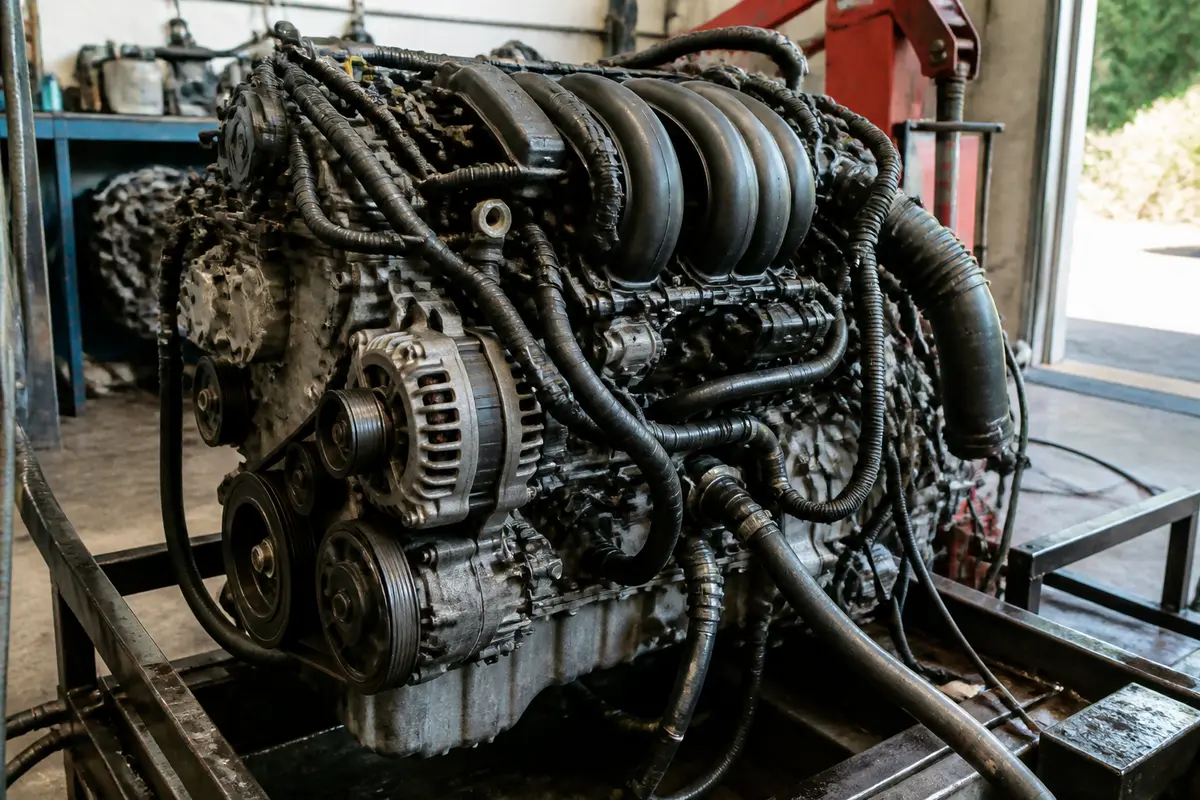 Moteur avec câblage illustrant la fiabilité du moteur 2.5 Duratec en atelier mécanicien
