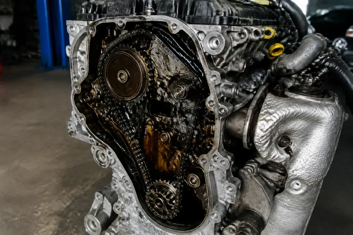 Vue détaillée d'un moteur de Peugeot à éviter à cause de l'usure évidente
