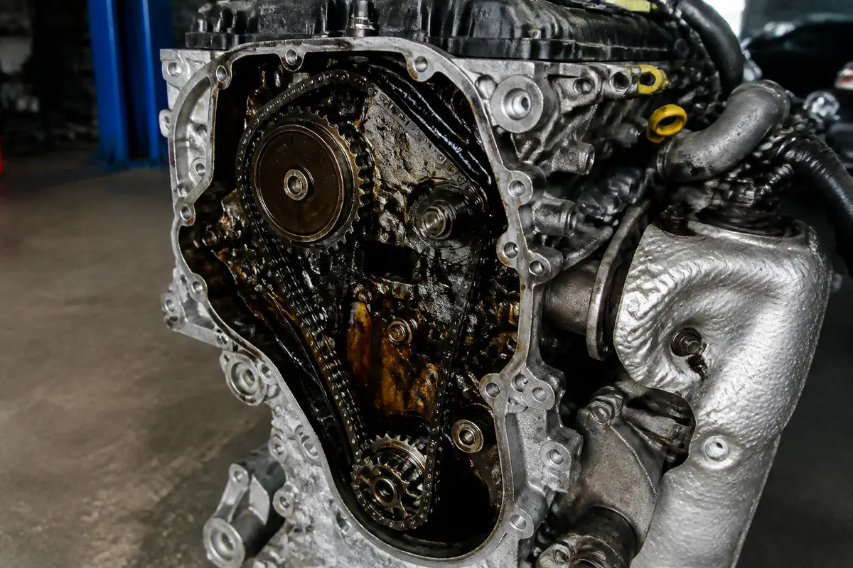 Vue détaillée d'un moteur de Peugeot à éviter à cause de l'usure évidente