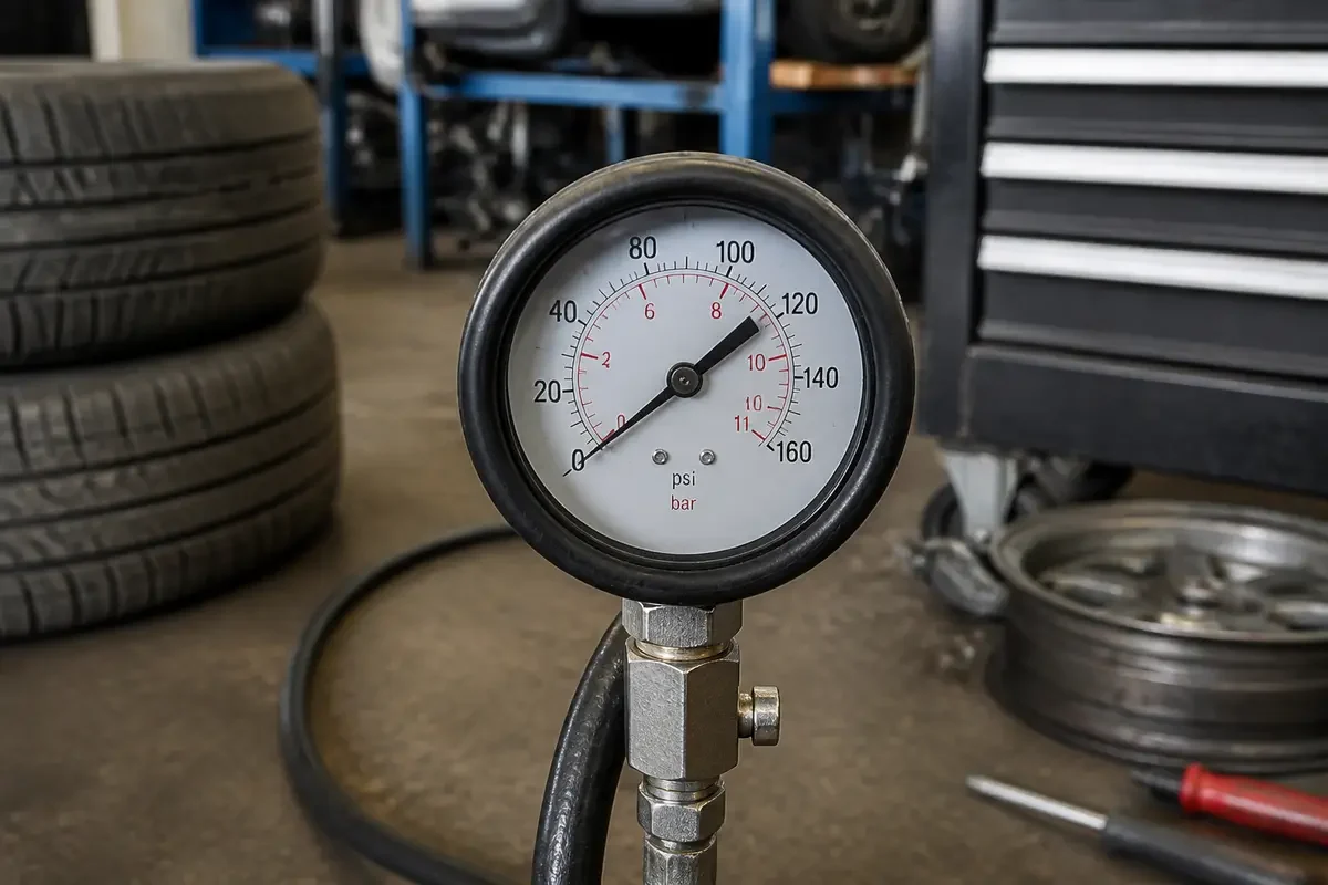 Manomètre mesurant la pression des pneus en psi et en bar dans un garage
