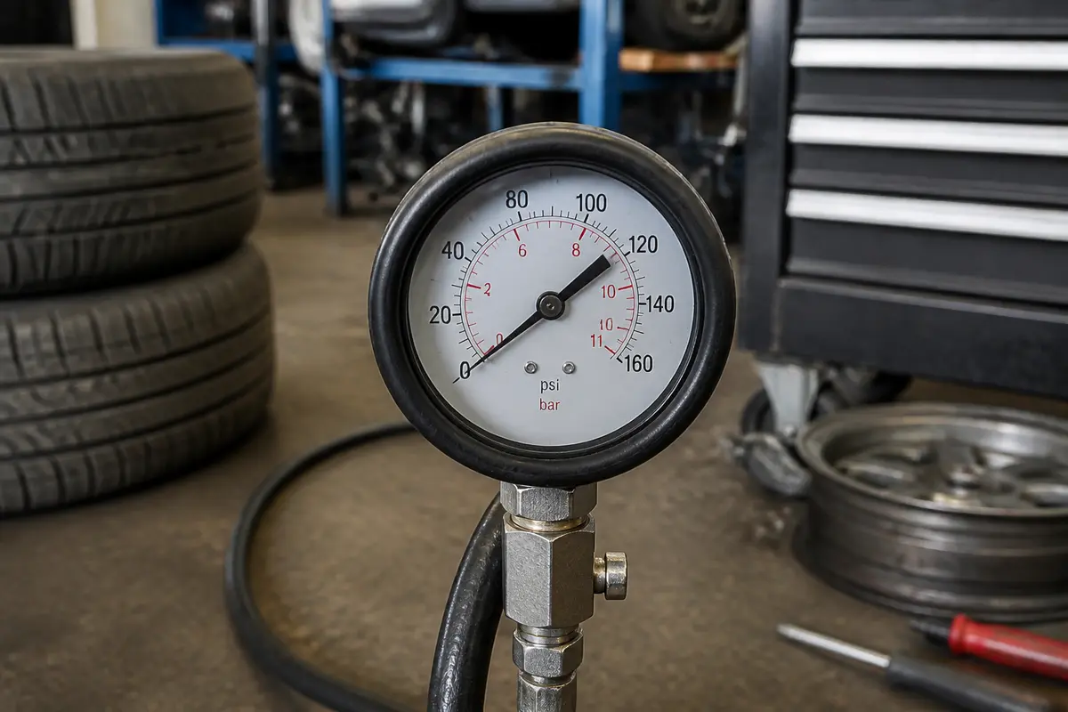 Manomètre mesurant la pression des pneus en psi et en bar dans un garage