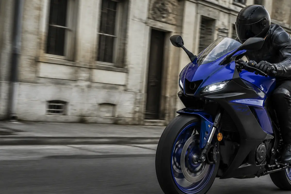 Motard en cuir sur moto sportive Yamaha r7 bleu foncé en pleine rue urbaine